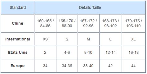 taille vetement chine